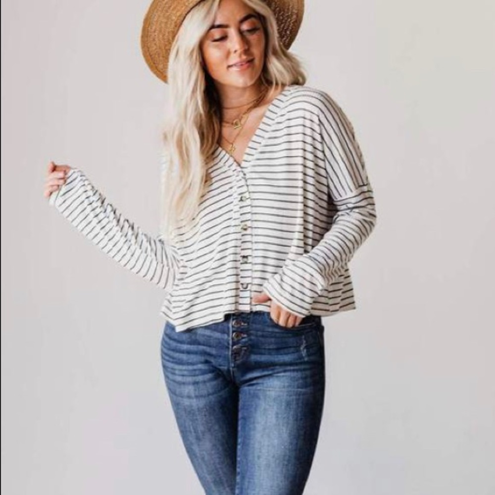 Nyla Button Up Top Black/ Ivory Stripe